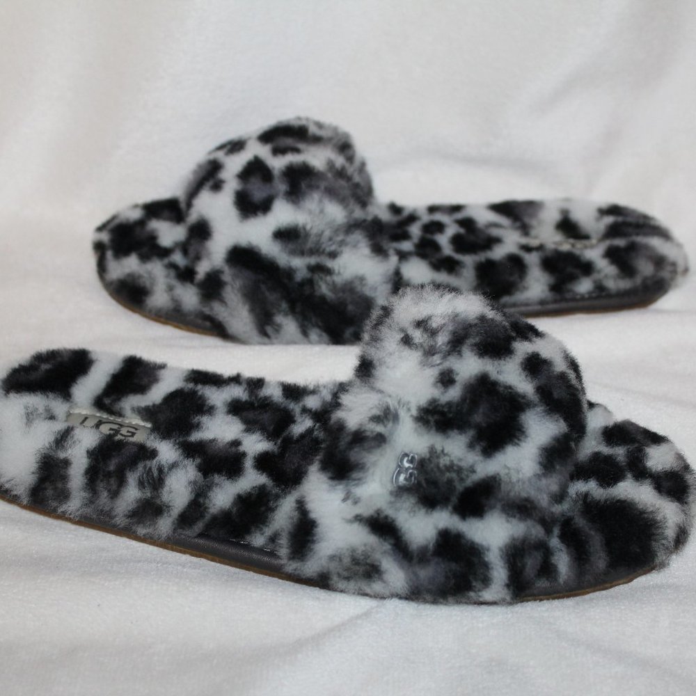 NIB UGG WOMEN'S PANTHER PRINT SHEARLING SLIP ON SLIPPER SANDALS SZ 8